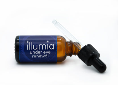 Illumia Under Eye  Renewal botanical emulsion in a glass bottle for dark circles and fine lines.