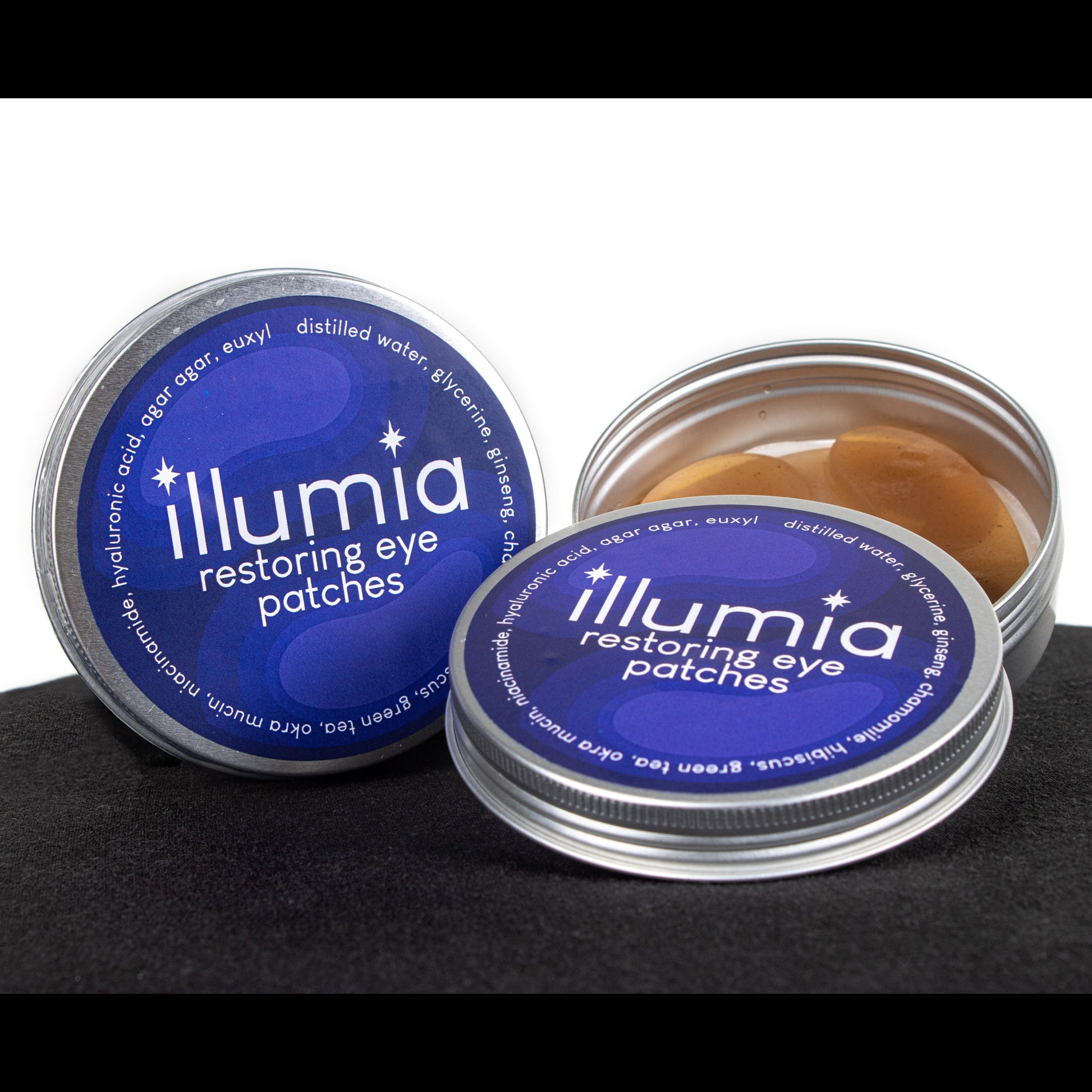 Illumia restoring eye patches infused with powerful botanicals that will depuff undereye areas, minimize dark circles and fine lines.