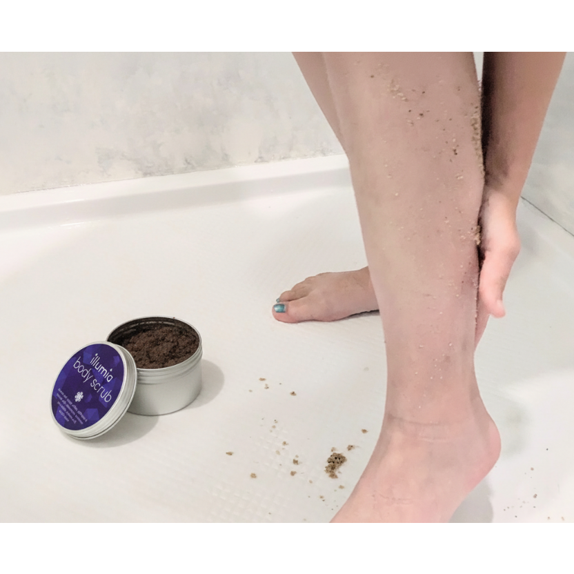 illumia emulsified body scrub designed to remove dry skin all over leaving skin soft and smooth without an oily residue on your shower