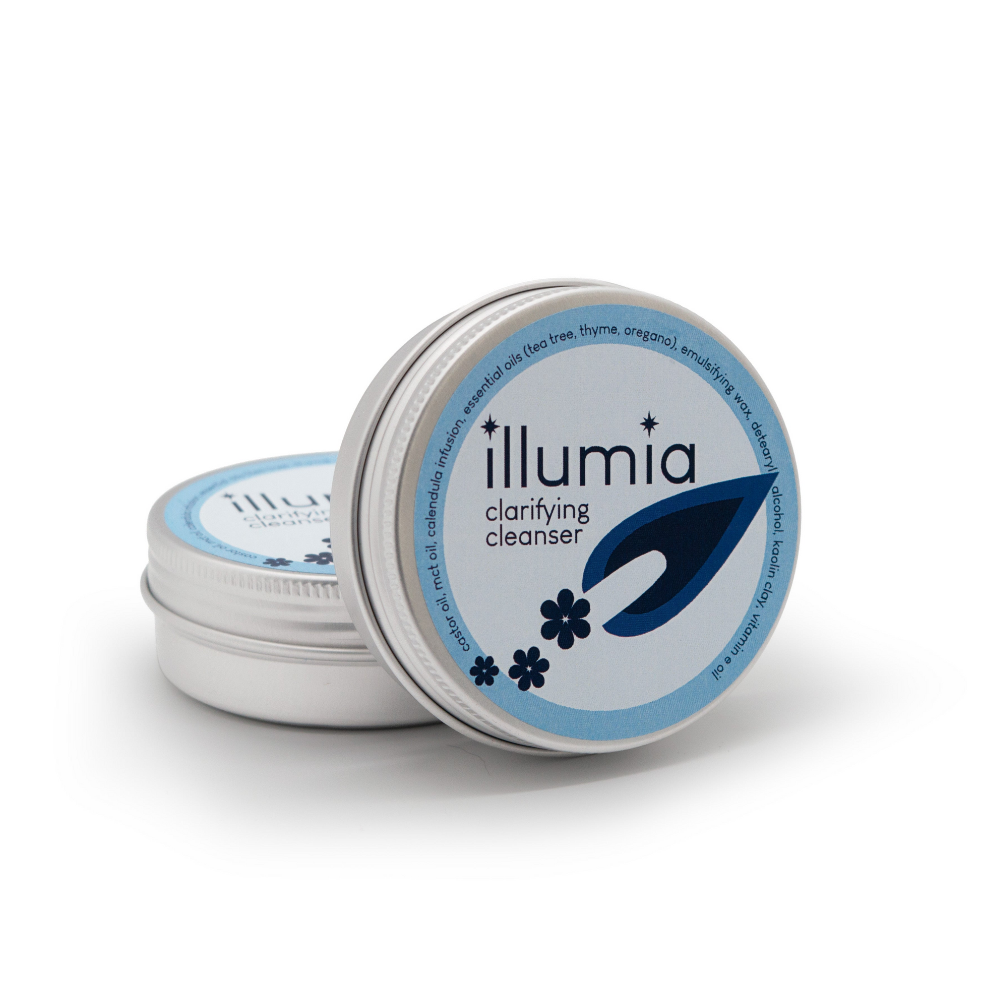 Illumia Skincare Clarifying Cleanser balm in an open tin, a gentle facial cleanser for sensitive and acne-prone skin.