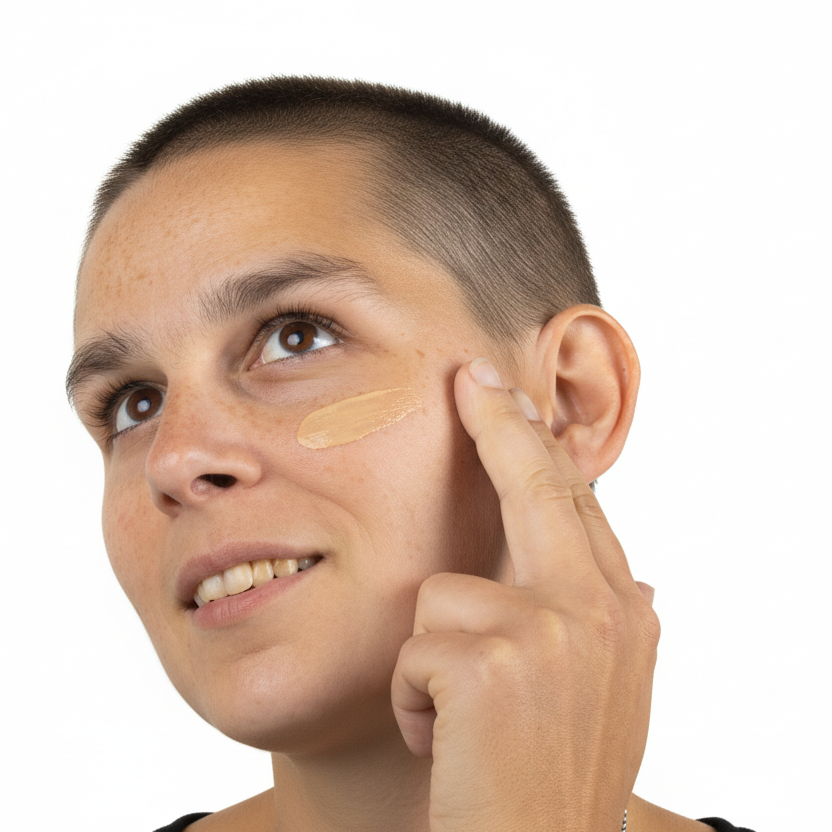 Woman applying Illumia eye serum under eye with fingertip — reduces dark circles, puffiness, and fine lines for visibly firmer, brighter under-eyes.