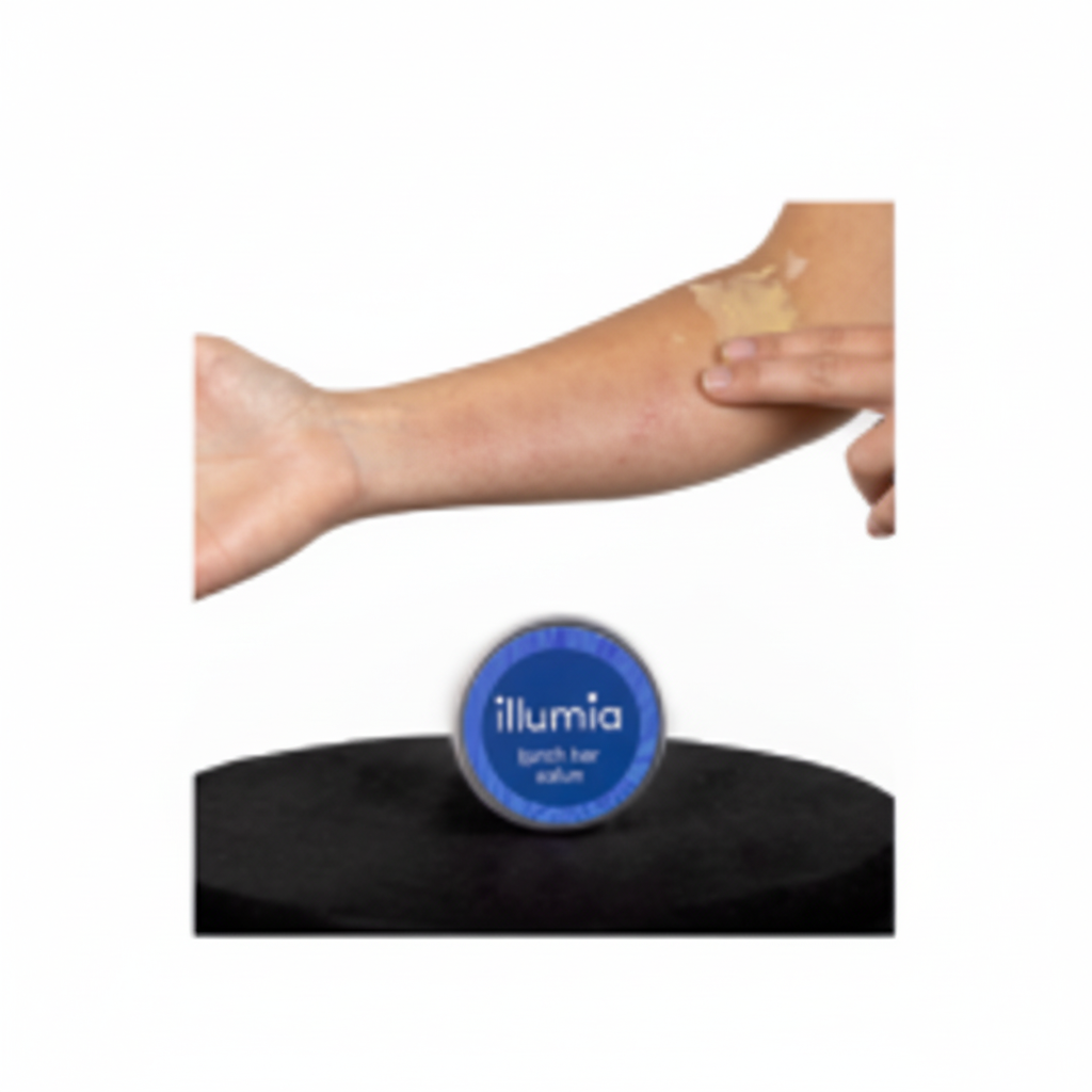 Person applying Illumia Birch Tar Salve to forearm with mild eczema rash at elbow crease